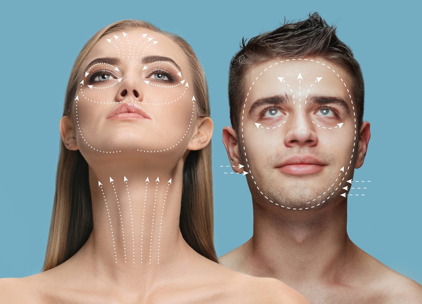 Face lifting, circuit. Young man and woman with arrows on face symbolling face lifting effects with cosmetological treatment